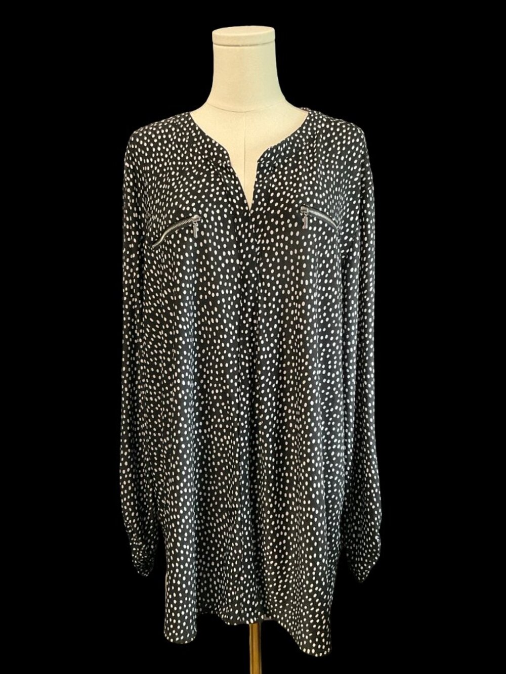 Black/White Polka Dot Print Long Sleeve Top